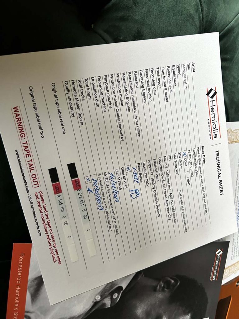 Miles Davis reel to reel information sheet