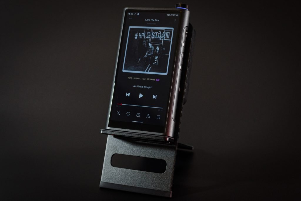 Fiio M15s on a stand for use as a desktop player